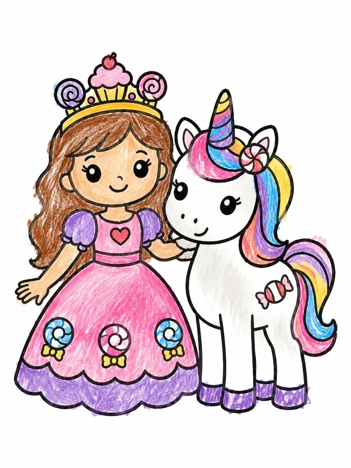 Colored example of the Candy Princess And Sweet Unicorn coloring page
