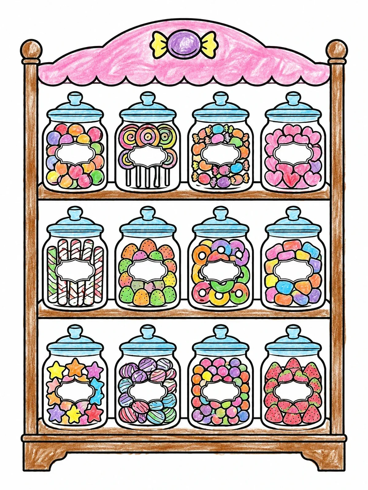 Colored example of the Candy Shop Display Shelf coloring page