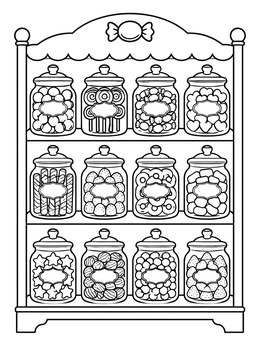 A sweet shop display on this candy coloring page filled with glass jars of treats.