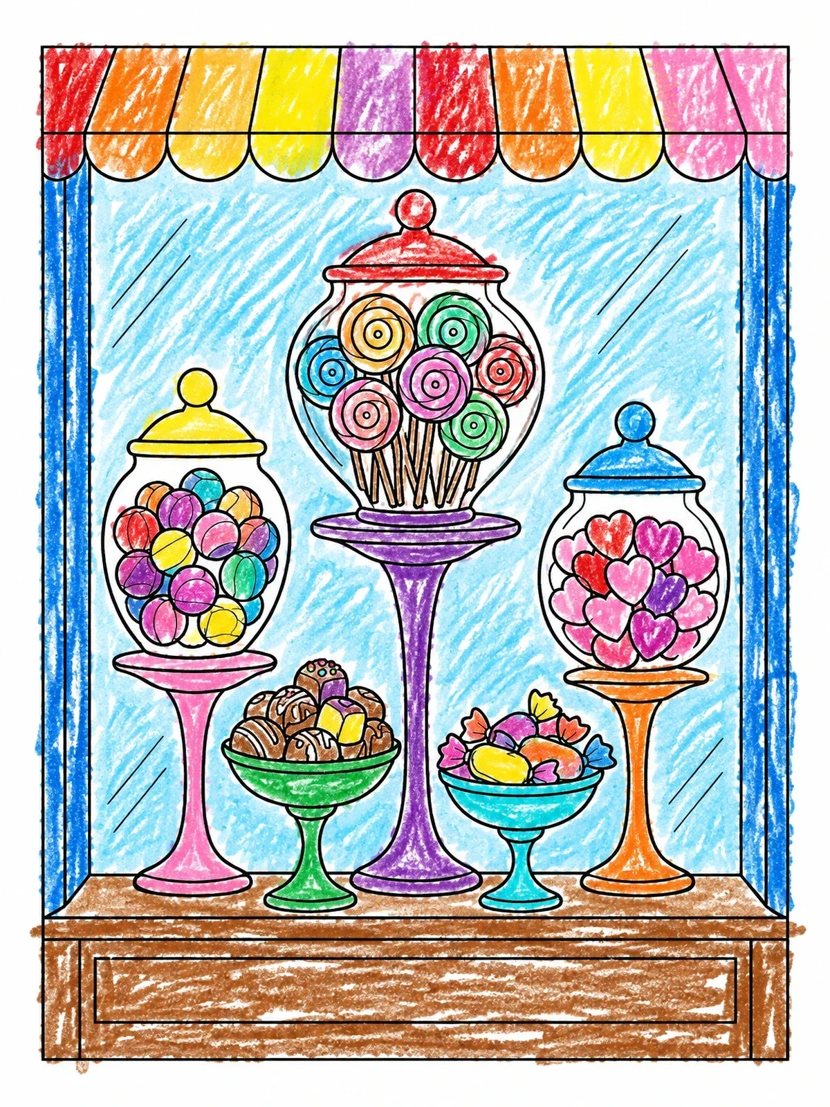Colored example of the Sweet Shop Window Display coloring page