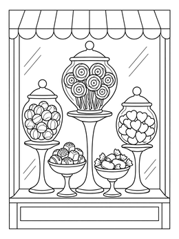 A sweet shop window candy coloring page with glass jars of lollipops and treats.