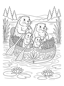 A beaver family paddling on a pond in this charming canoeing coloring page.