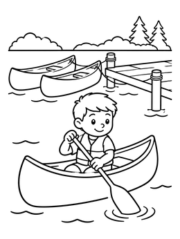 Free printable Boy Paddling Canoe By The Dock coloring page