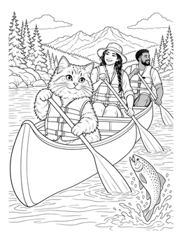 A fluffy cat and two friends on a canoeing coloring page with a leaping fish.