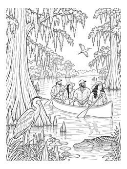 A peaceful swamp coloring page showing people canoeing among cypress trees, a heron, and an alligator.
