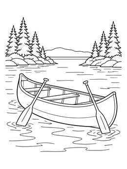 An empty wooden boat rests in water on this canoeing coloring page with pine trees on the shore.