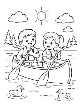 Free printable Kids Paddling A Canoe On The Lake coloring page