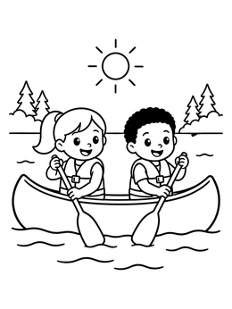 Free printable Kids Paddling A Canoe Together coloring page