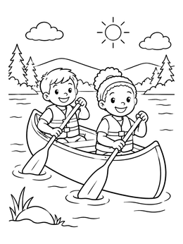 Free printable Children Paddling Together In A Canoe coloring page