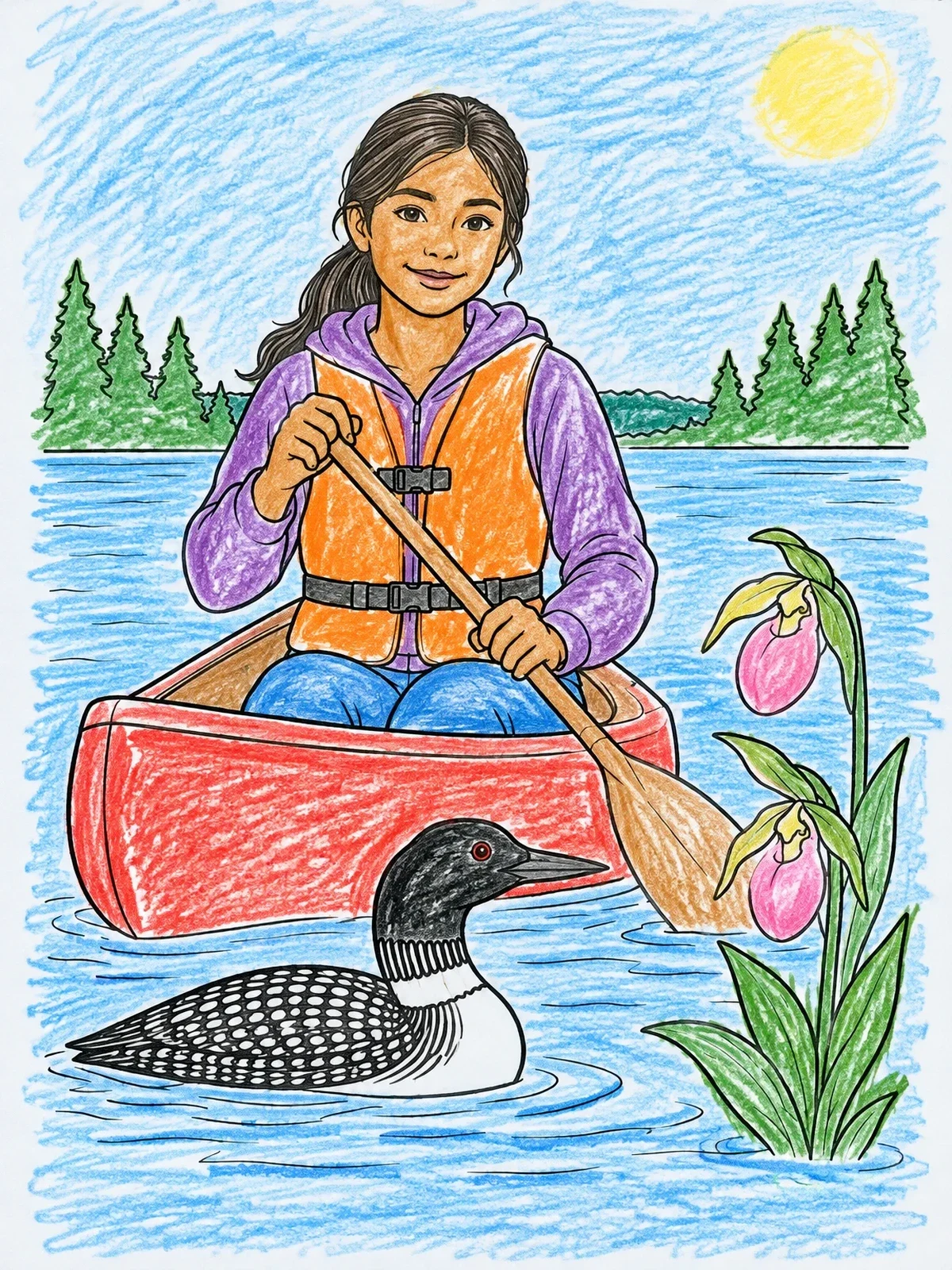 Colored example of the Canoeing With Loon And Lady's Slipper coloring page
