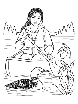 A girl paddling a canoe near a loon in this minnesota coloring page.