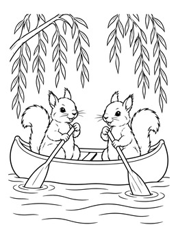 Two cheerful squirrels paddling on water in this canoeing coloring page under willow leaves.