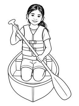 A smiling young girl wearing a life vest kneels with a paddle in this canoeing coloring page.