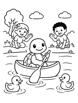 Free printable Turtle Paddling A Canoe With Friends coloring page