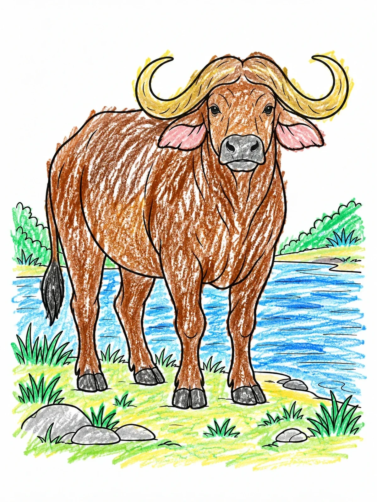 Colored example of the Cape Buffalo By The River coloring page
