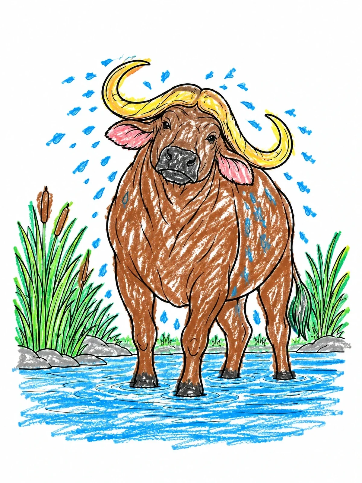 Colored example of the Cape Buffalo Shaking Off Water coloring page
