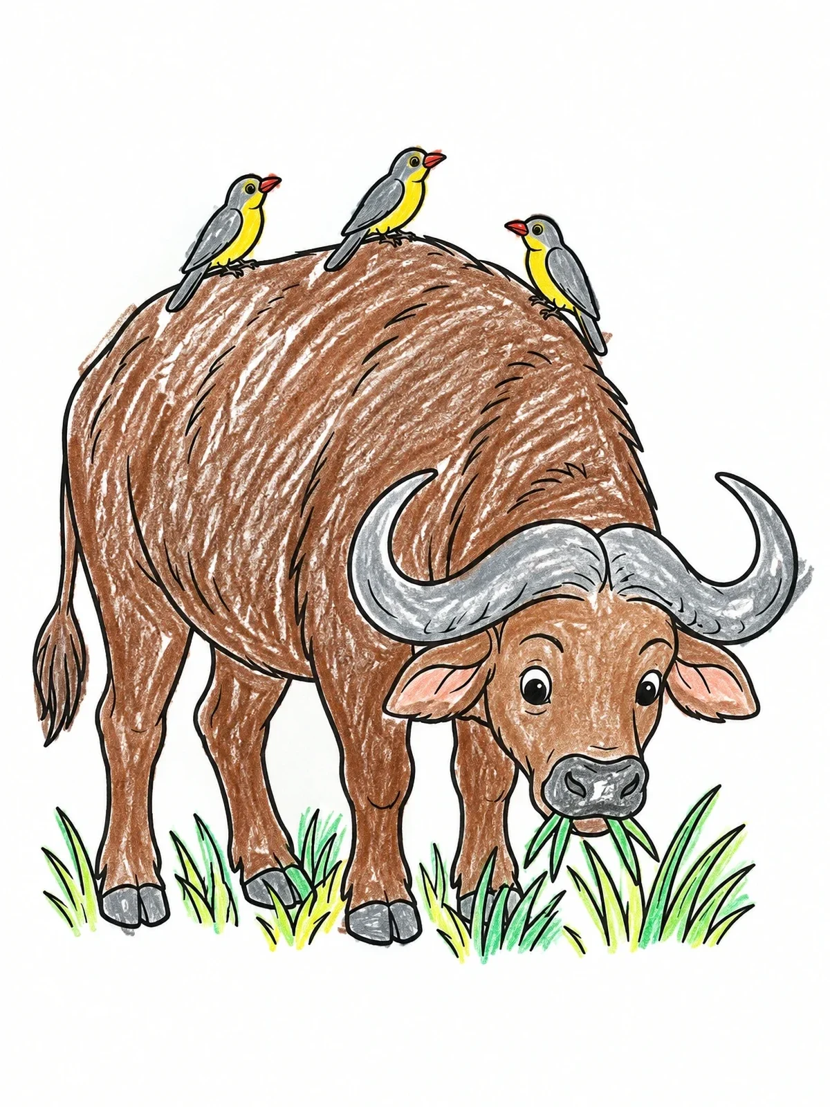 Colored example of the Cape Buffalo With Little Birds coloring page