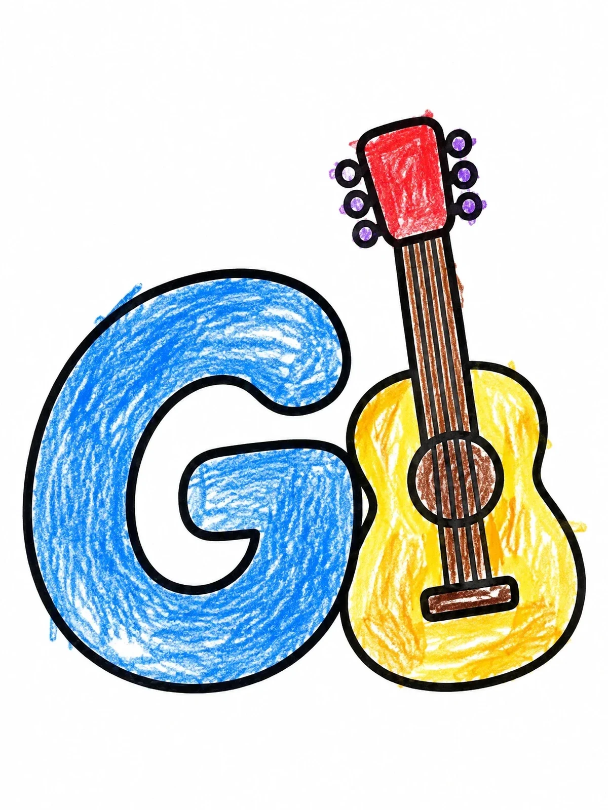 Colored example of the Capital Letter G With Guitar coloring page