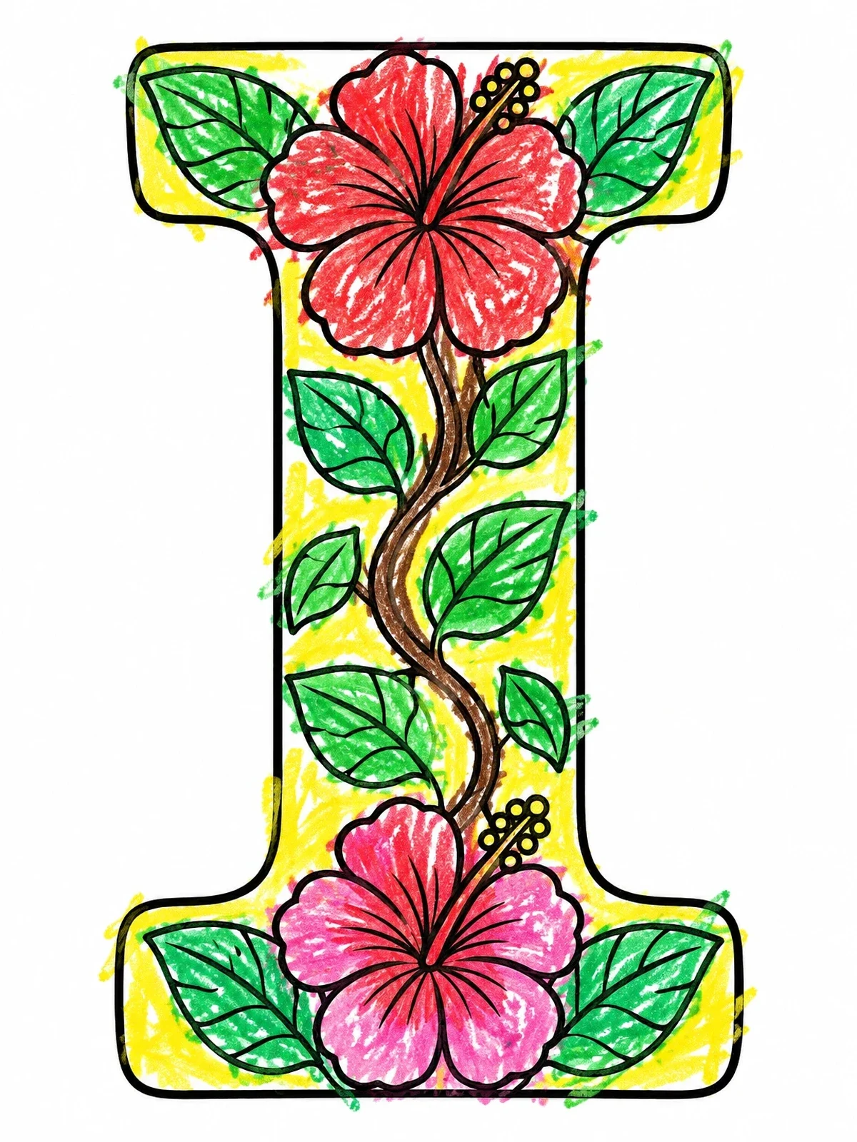 Colored example of the Capital Letter I With Tropical Hibiscus coloring page