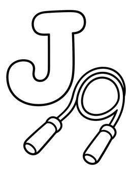 A simple letter j coloring page featuring a large capital J and a coiled jump rope.
