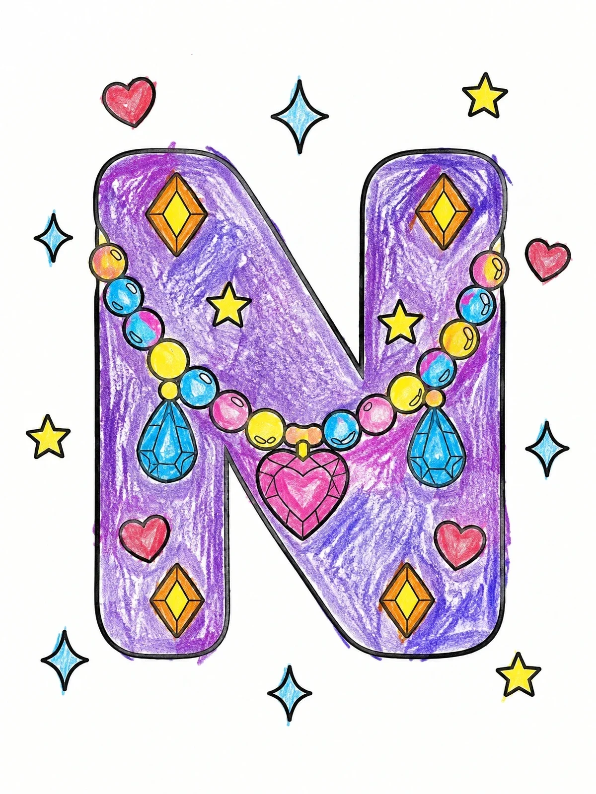 Colored example of the Capital Letter N With Beaded Necklace coloring page