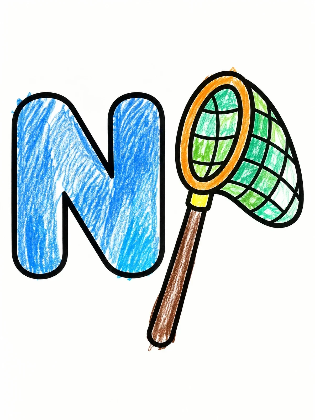 Colored example of the Letter N With A Butterfly Net coloring page