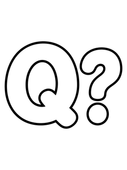 A simple letter Q coloring page next to a rounded question mark symbol.