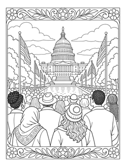 A crowd watches the US Capitol in this inauguration day coloring page with decorative borders.