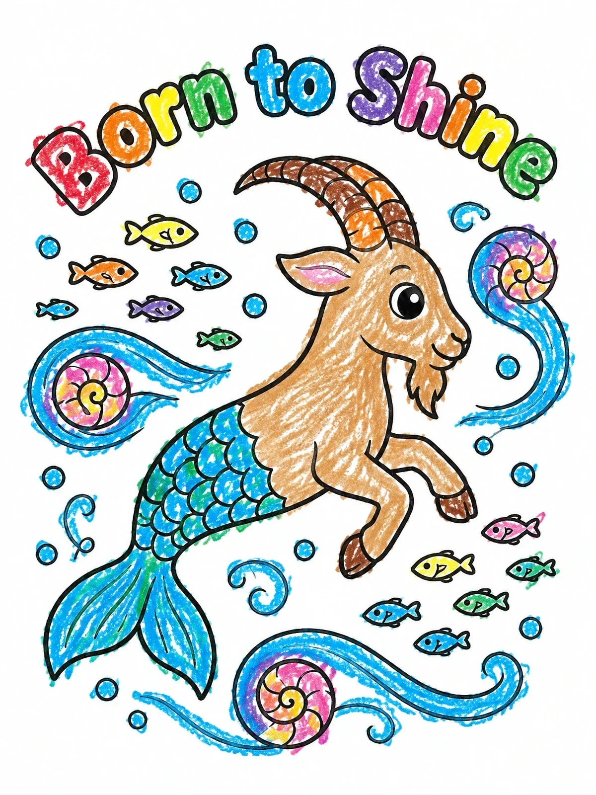 Colored example of the Born To Shine Sea Goat coloring page