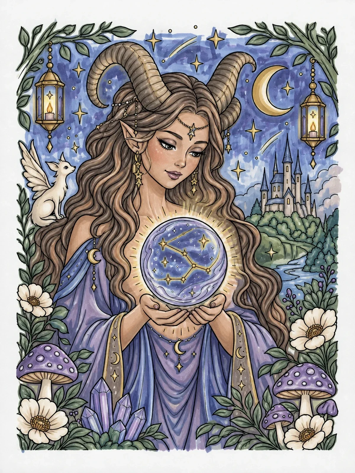 Colored example of the Celestial Horned Maiden With Constellation Orb coloring page