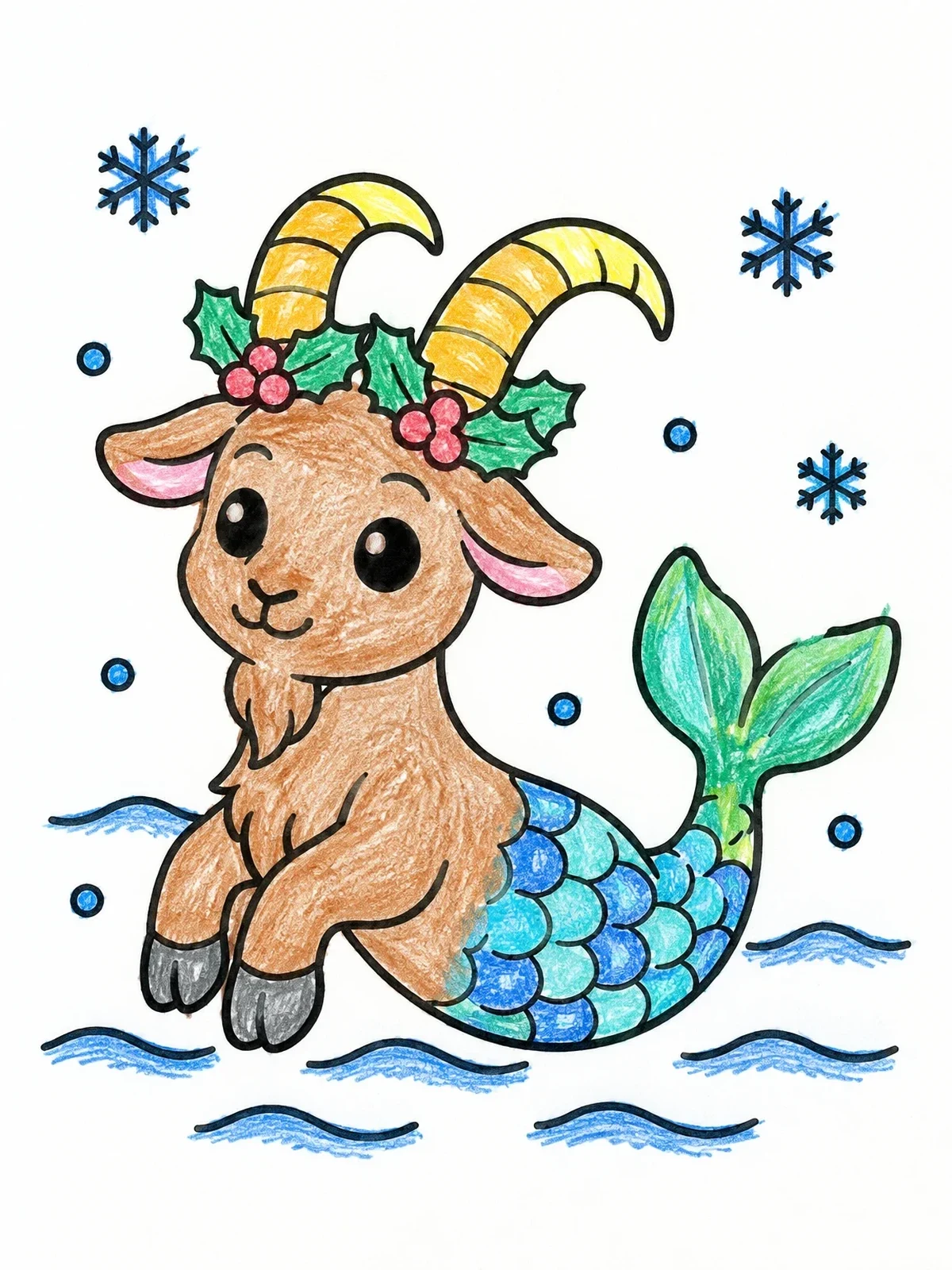 Colored example of the Cute Sea Goat With Holly Wreath coloring page