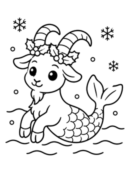 Free printable Cute Sea Goat With Holly Wreath coloring page