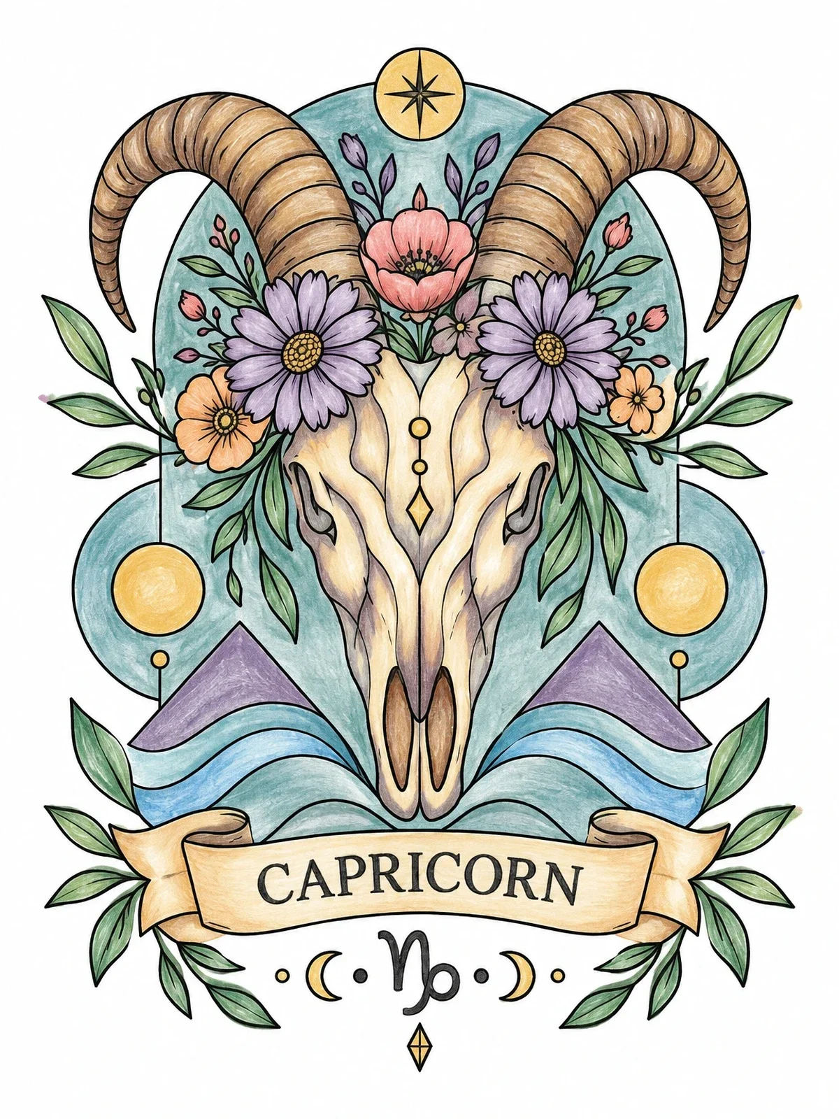 Colored example of the Capricorn Floral Goat Skull Emblem coloring page