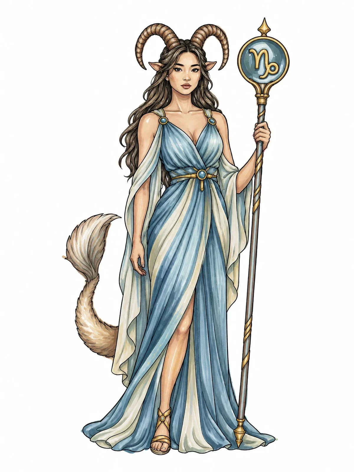 Colored example of the Capricorn Goddess With Zodiac Staff coloring page