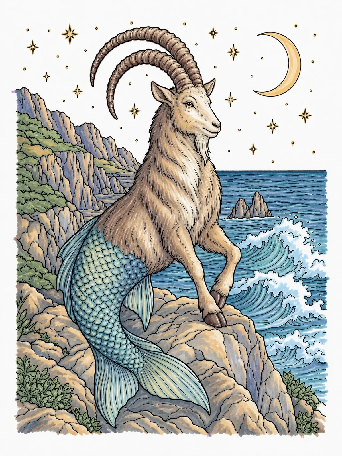 Colored example of the Capricorn Sea Goat On Coastal Cliff coloring page