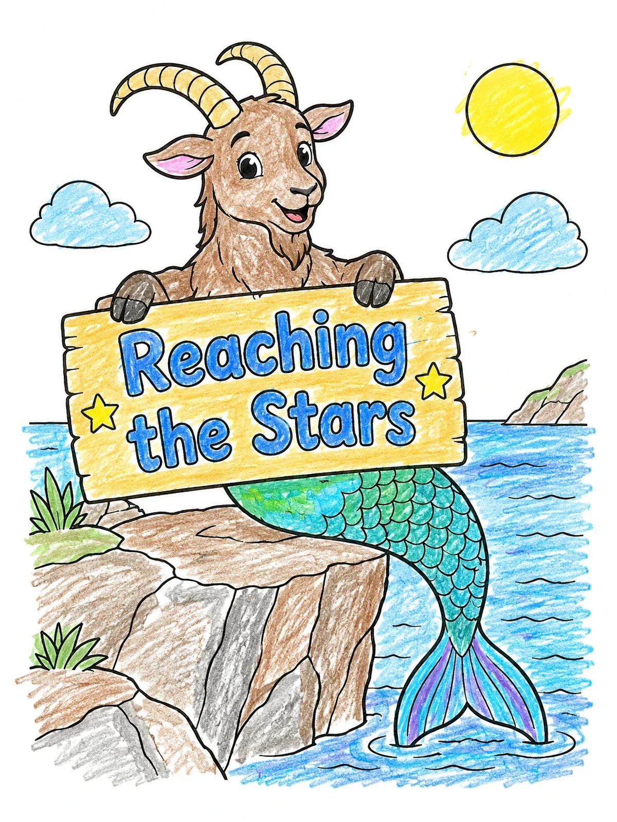Colored example of the Sea Goat Reaching The Stars coloring page