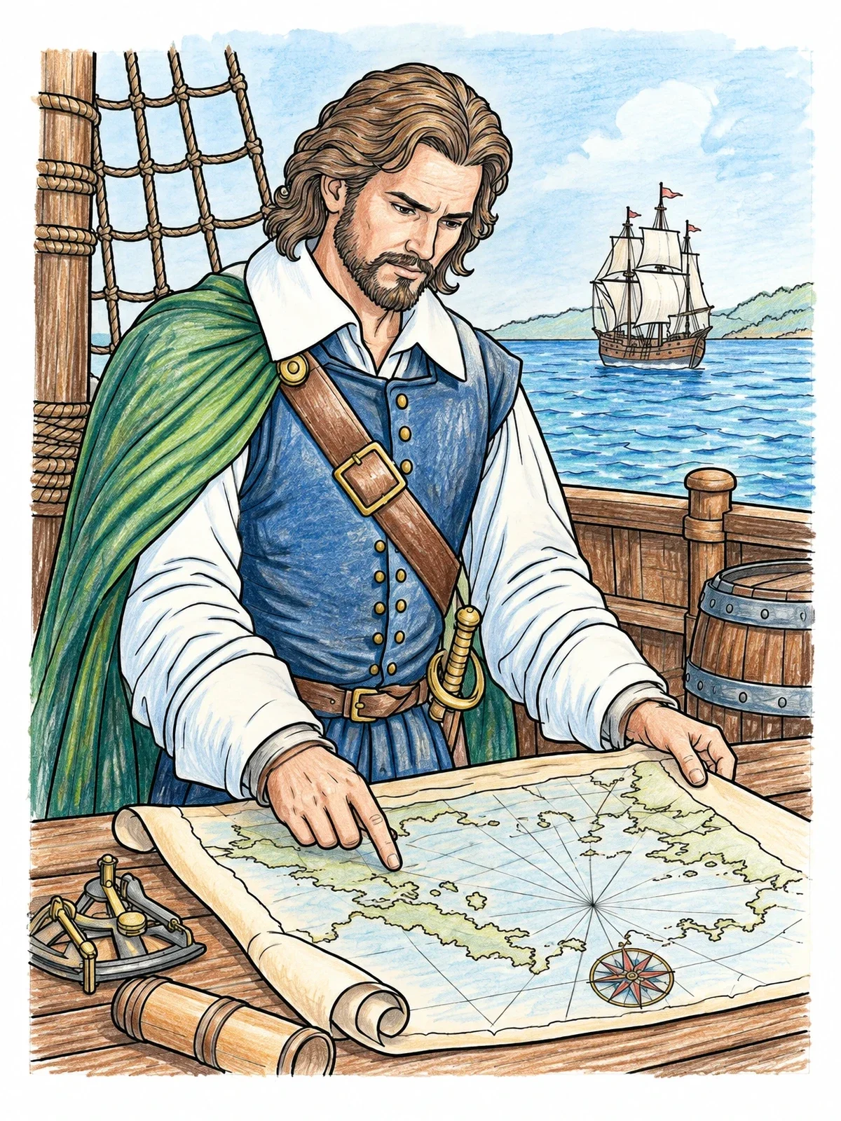 Colored example of the Captain John Smith Navigating At Sea coloring page