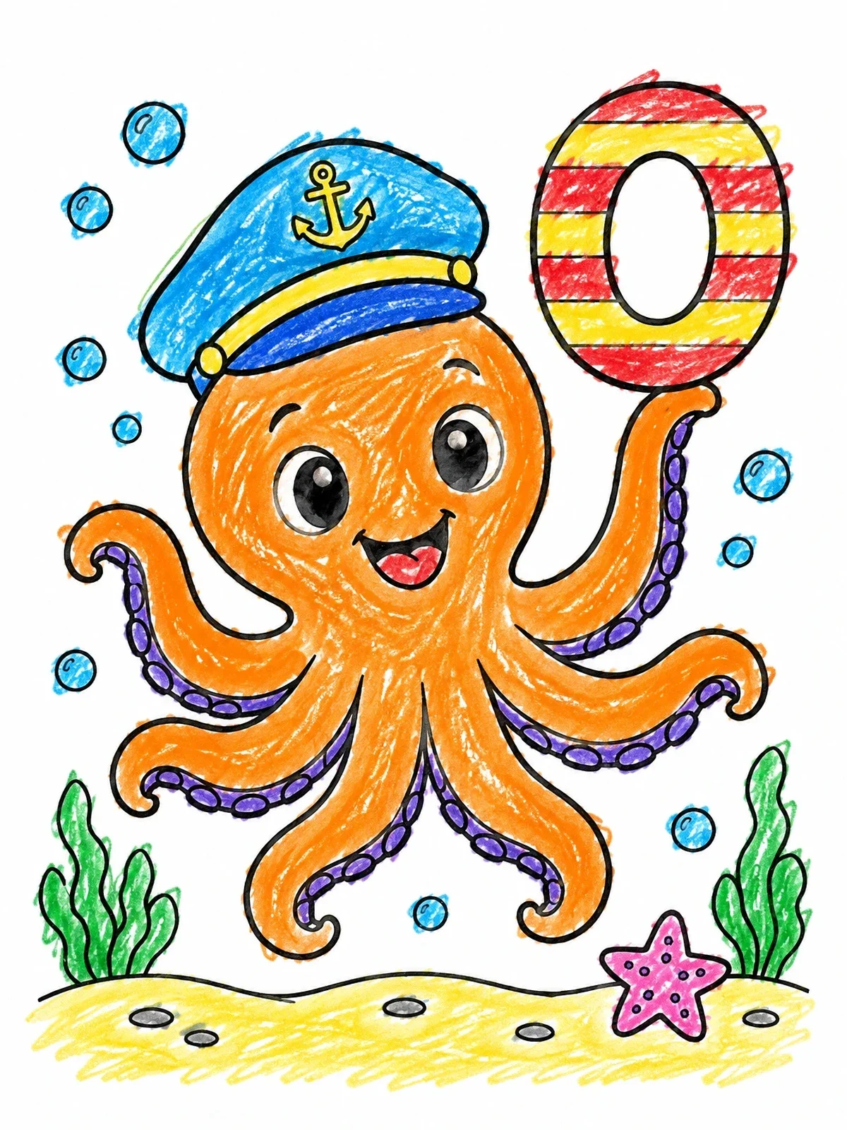 Colored example of the Captain Octopus With Letter O coloring page