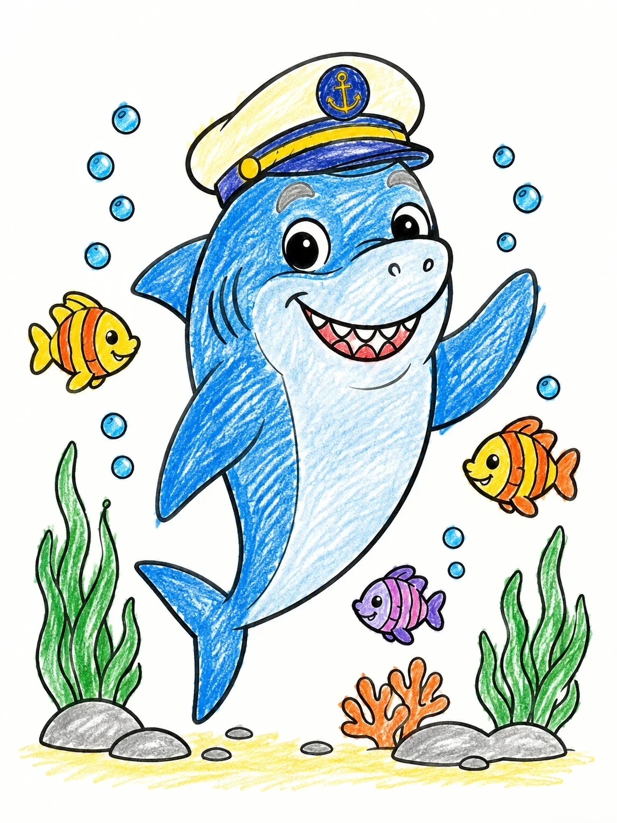 Colored example of the Captain Shark Grandpa Underwater coloring page