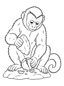 A detailed monkey coloring page showing a capuchin cracking a nut with a rock.
