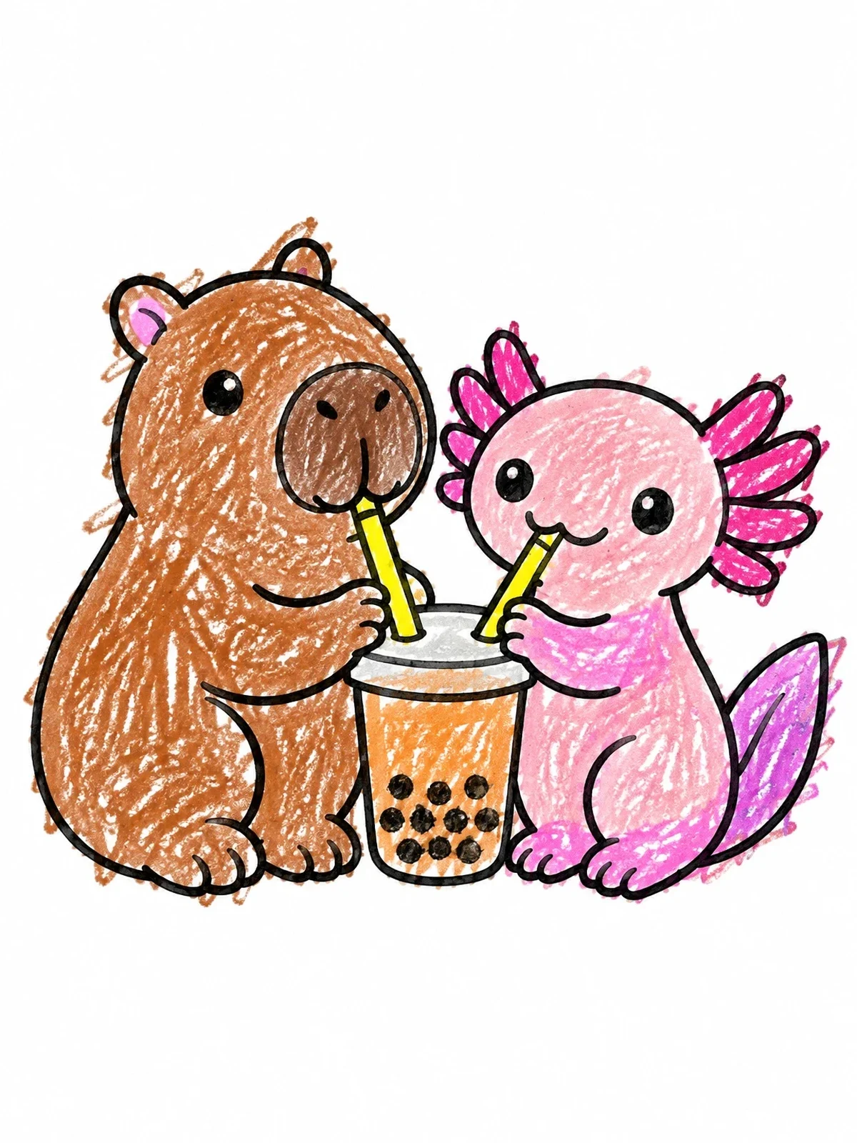 Colored example of the Capybara And Axolotl Sharing Boba Tea coloring page