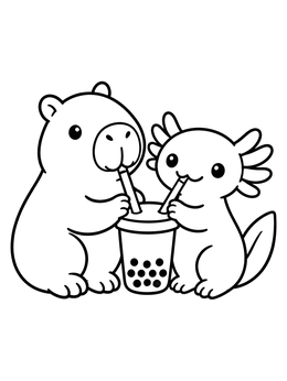 Cute capybara coloring page showing a capybara and an axolotl drinking bubble tea.