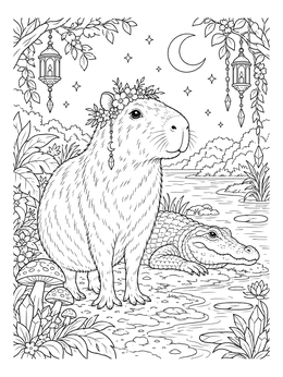 A peaceful capybara coloring page featuring a caiman resting by a river under lanterns and a crescent moon.