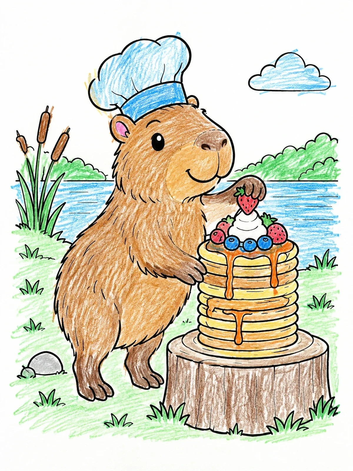 Colored example of the Capybara Chef Decorating Pancake Stack coloring page