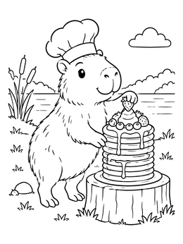 A cute capybara coloring page showing a capybara chef placing a strawberry on a tall stack of pancakes.