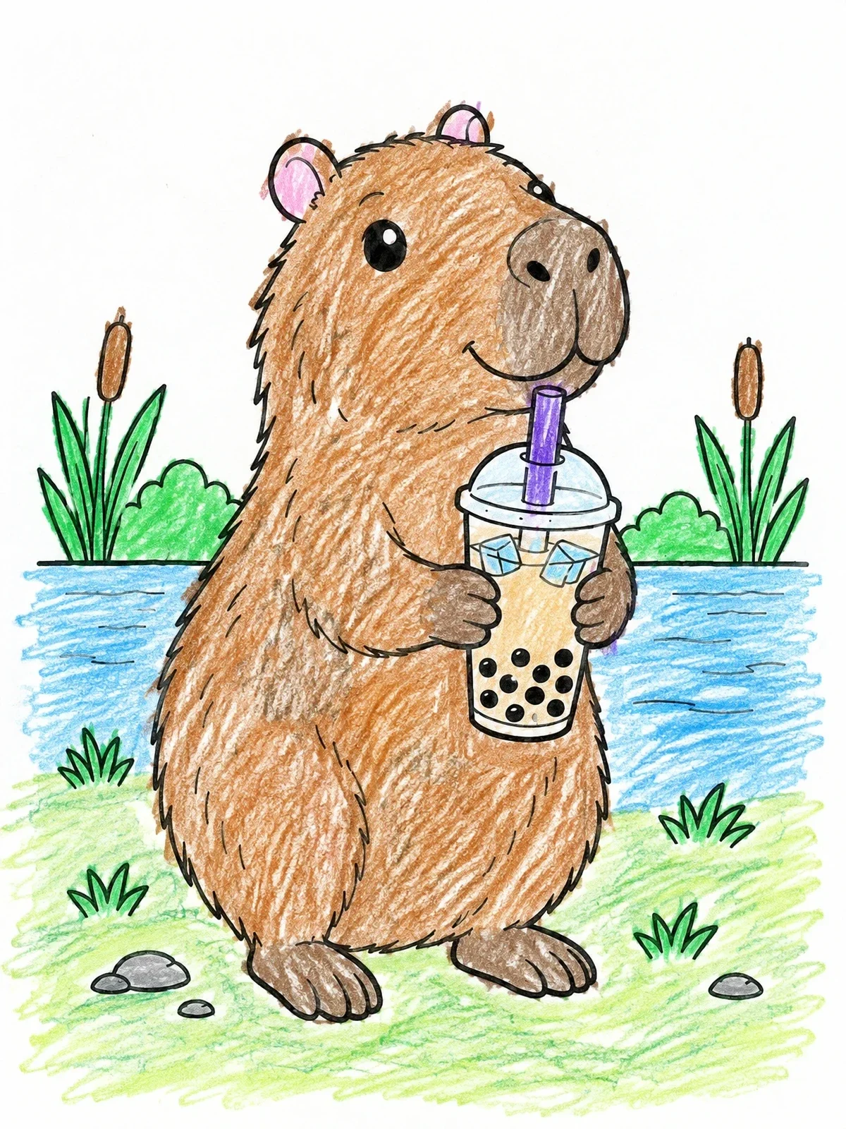 Colored example of the Capybara Drinking Iced Boba Tea coloring page