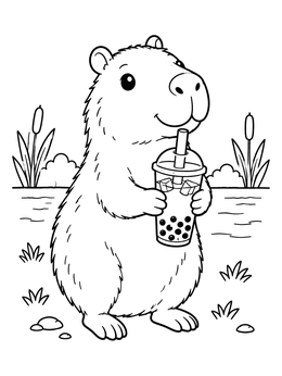 A cute capybara coloring page showing the animal holding a cup of bubble tea by a pond.