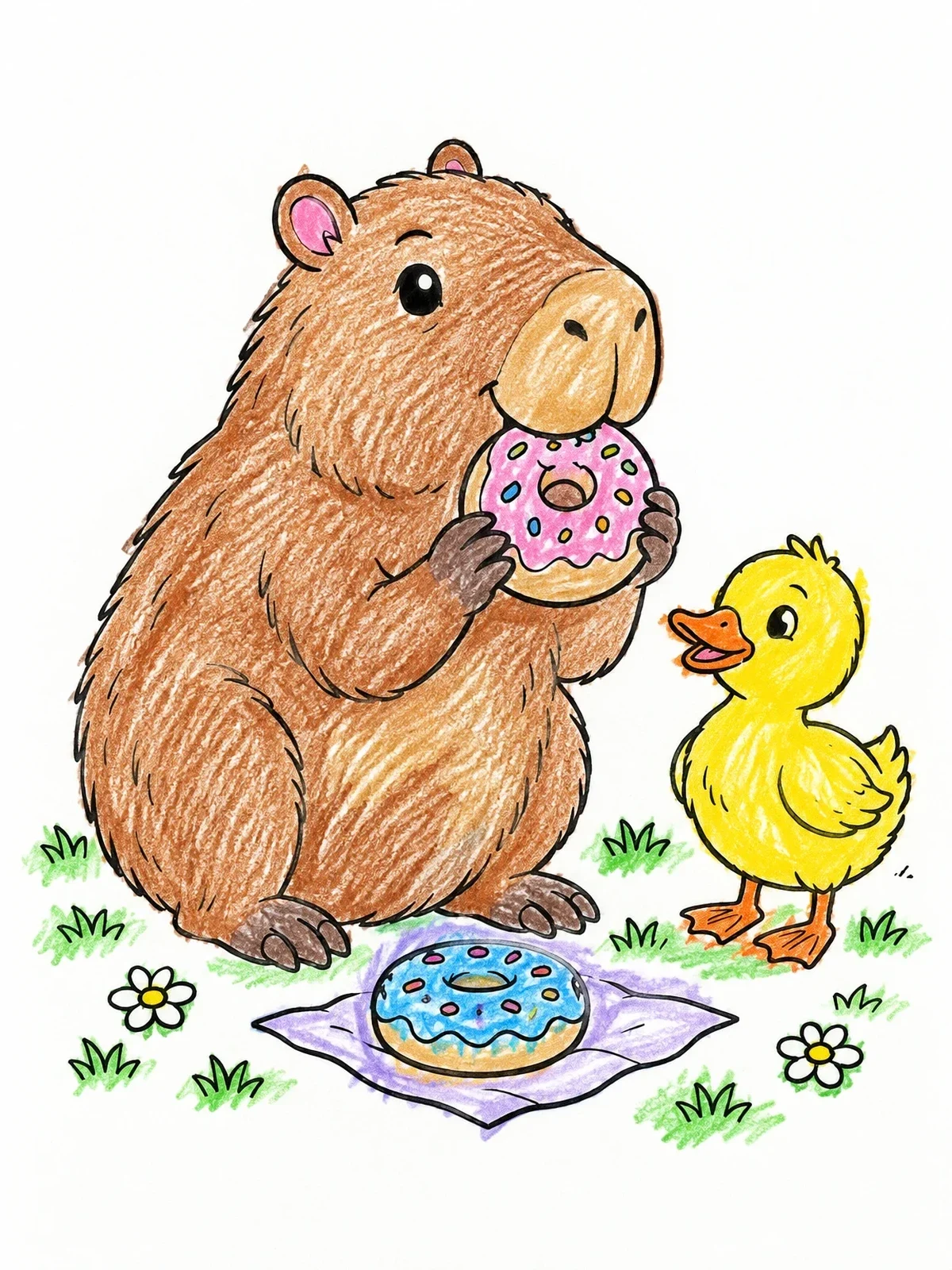Colored example of the Capybara Eating Donuts With Duckling coloring page