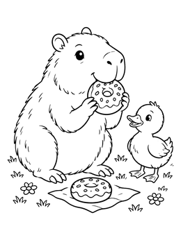 A sweet capybara coloring page showing a capybara snacking on a donut with a cute duckling.