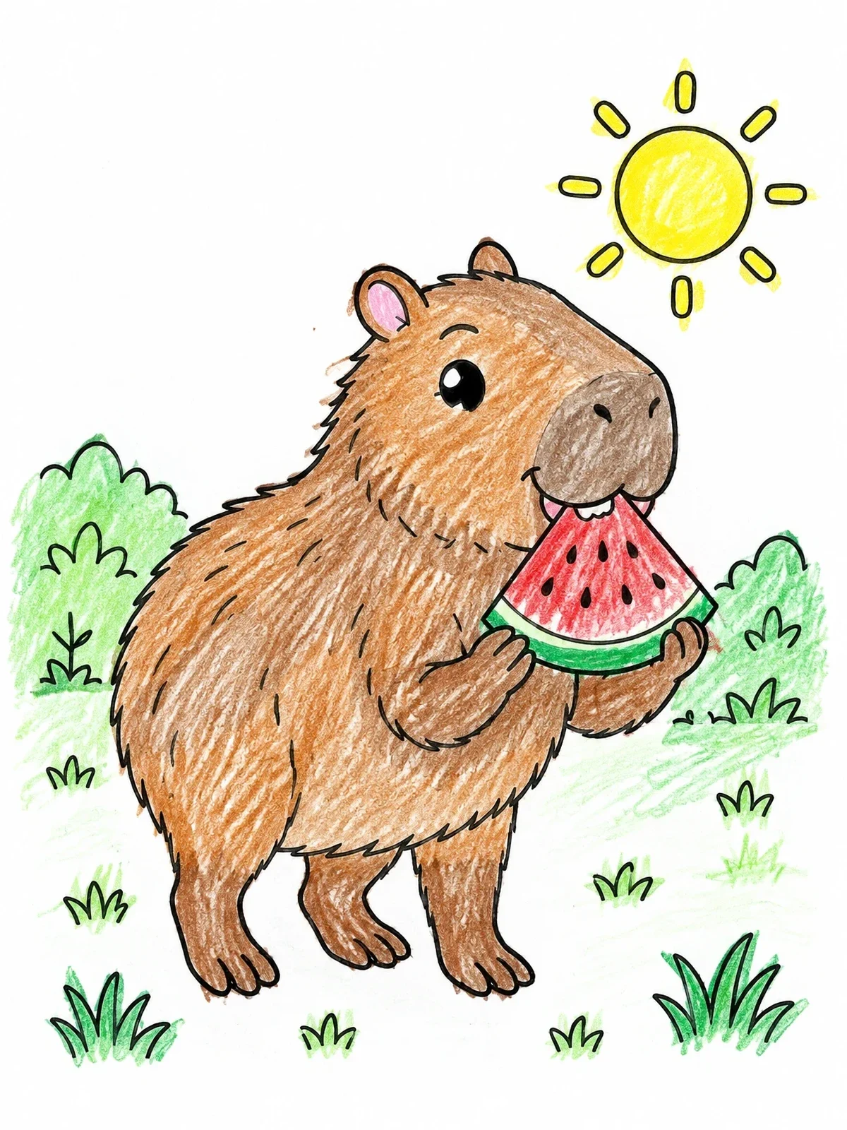 Colored example of the Capybara Eating Sweet Watermelon coloring page